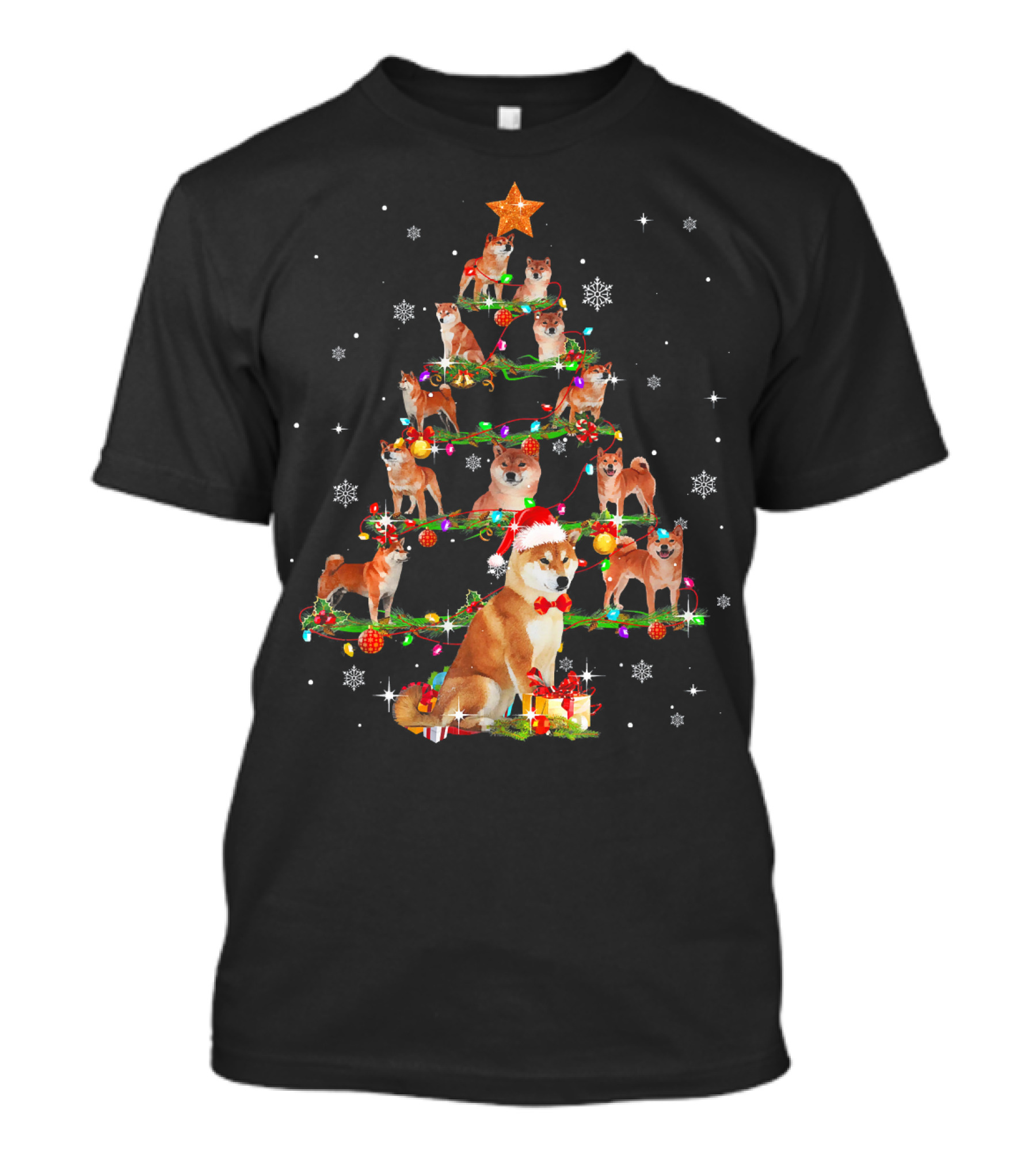 Funny Akita Christmas Tree Santa Hat Paw Snowflakes T-Shirt
