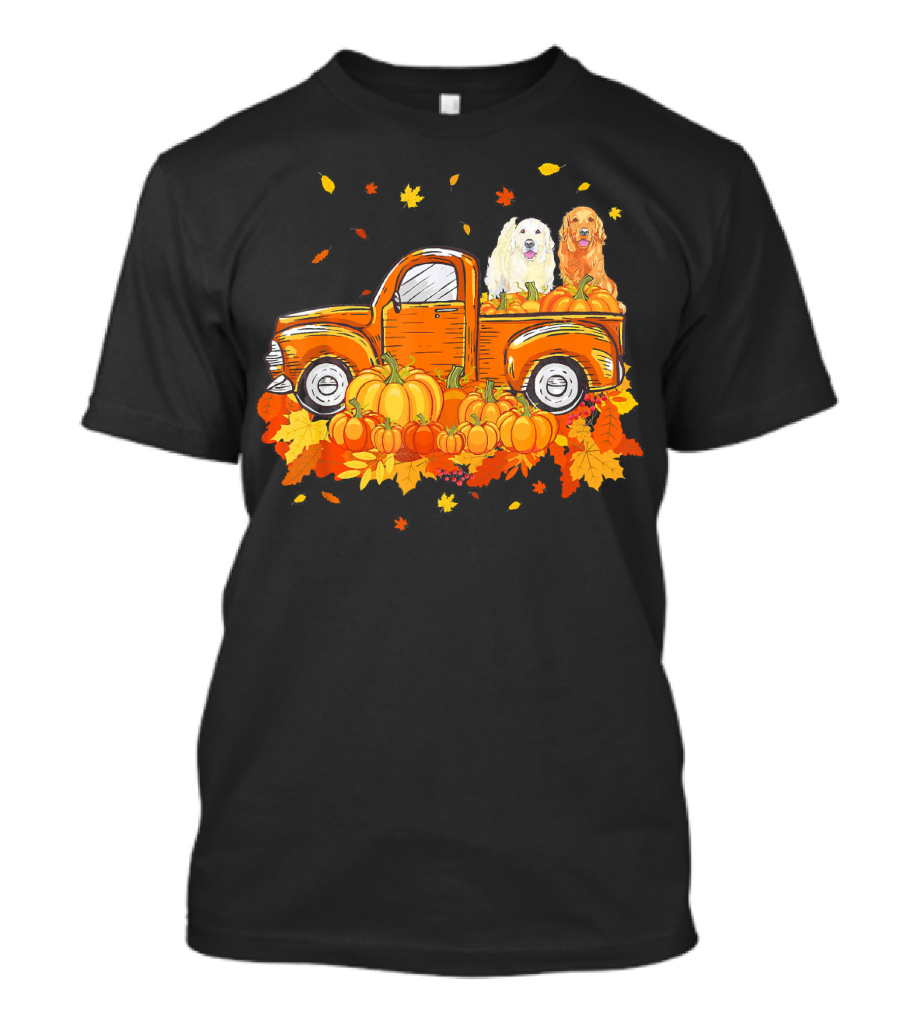Golden Retriever Sitting In Pumpkin-Filled Vintage Truck With Fall Leaves T-Shirt