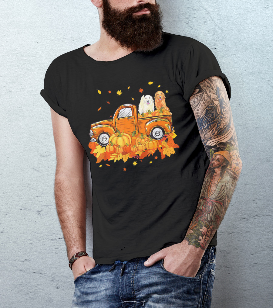Golden Retriever Sitting In Pumpkin-Filled Vintage Truck With Fall Leaves T-Shirt