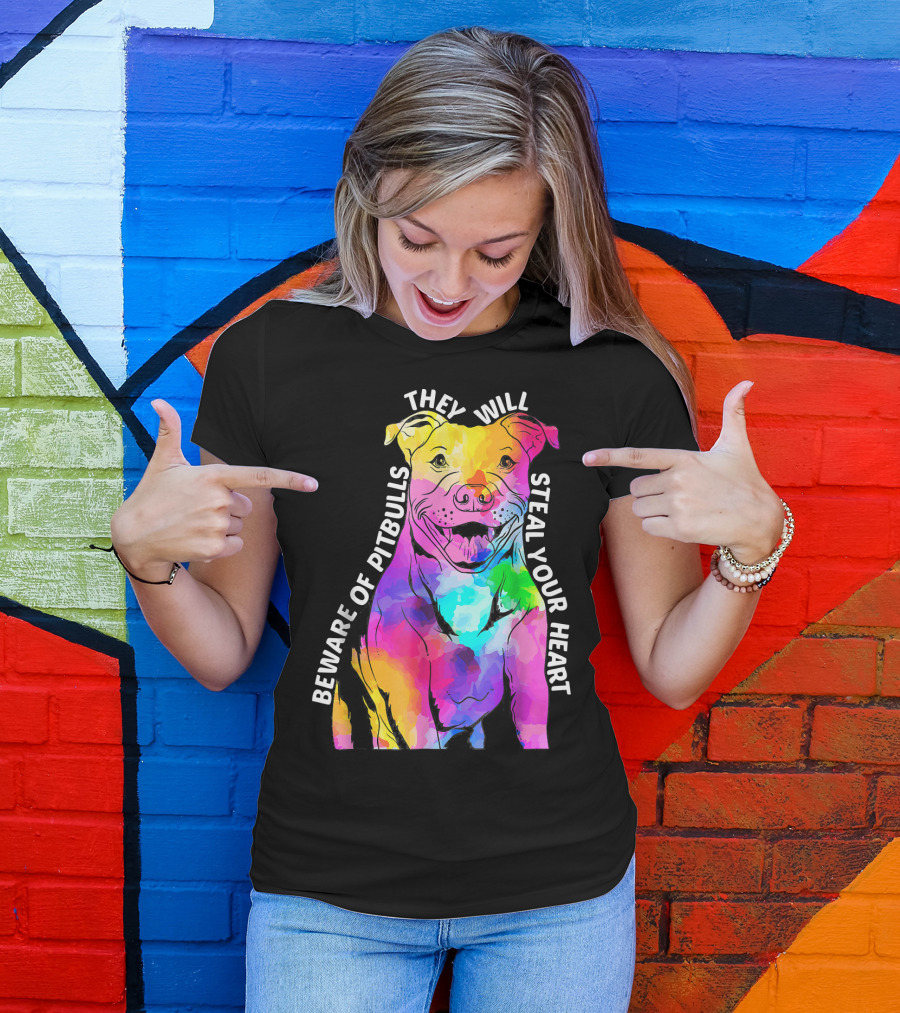 Beware Of Pitbulls They Will Steal Your Heart Watercolor Dog T-Shirt