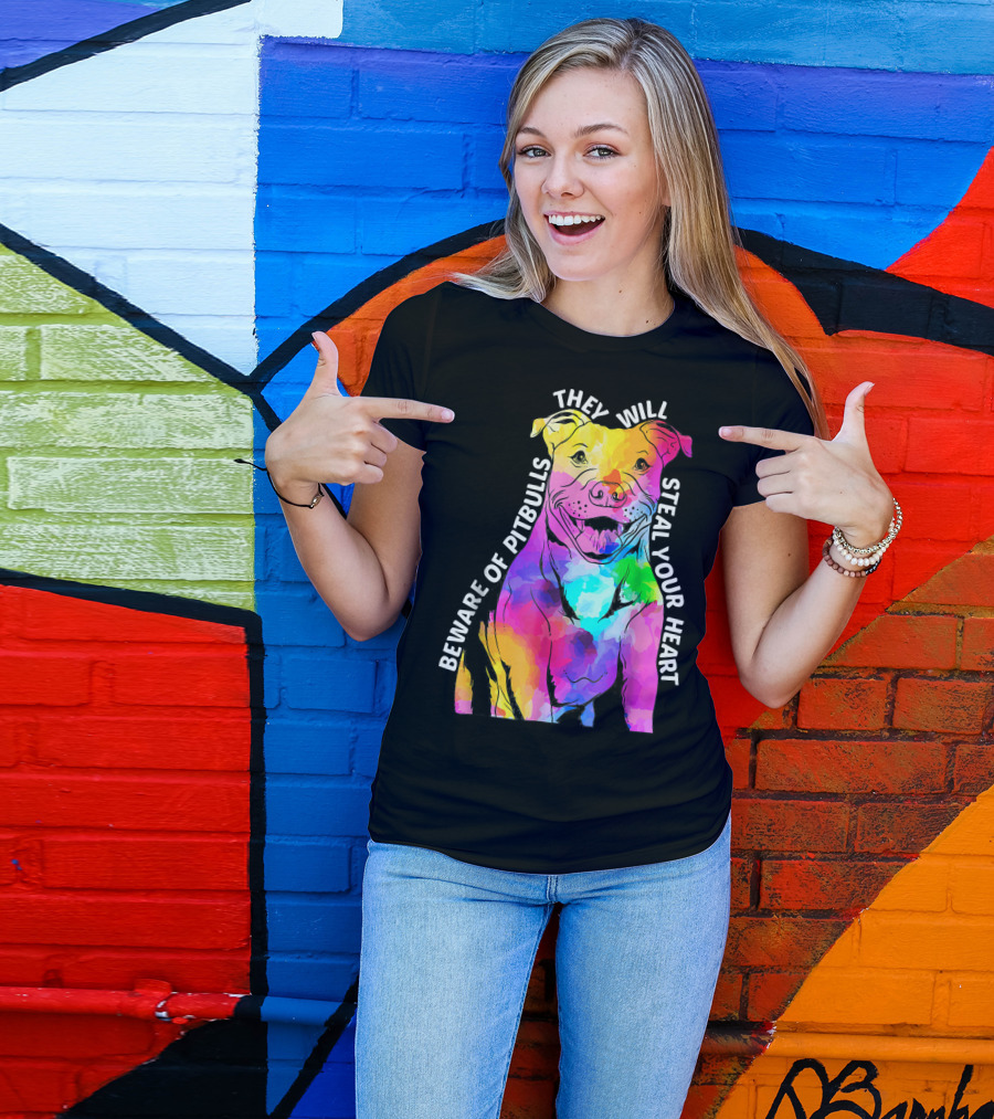 Beware Of Pitbulls They Will Steal Your Heart Watercolor Dog T-Shirt