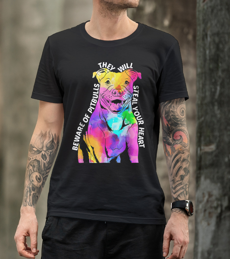 Beware Of Pitbulls They Will Steal Your Heart Watercolor Dog T-Shirt