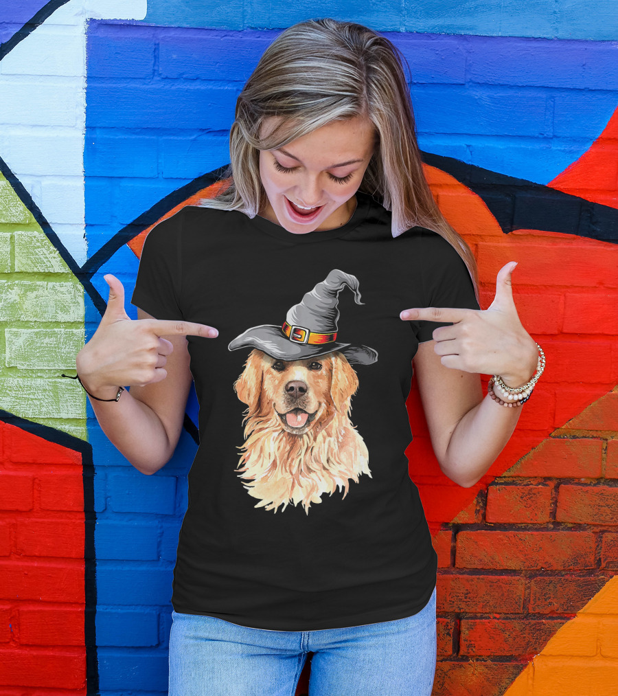 Golden Retriever In Witch Hat Halloween T-Shirt