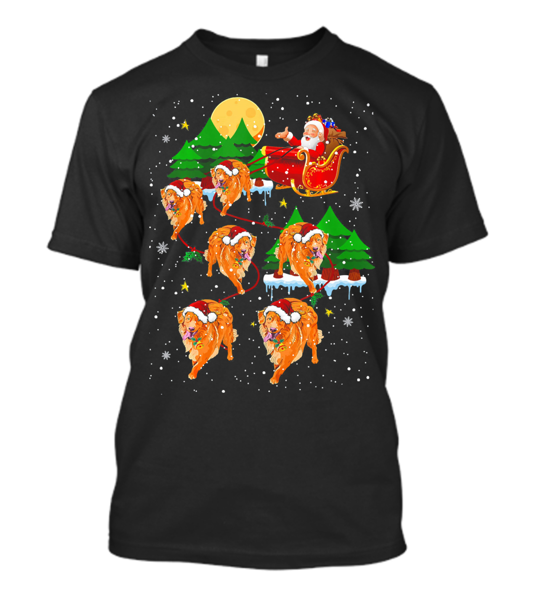 Cute Reindeer Golden Retriever Pull Santa Sleigh In Snowy Christmas Scene T-Shirt