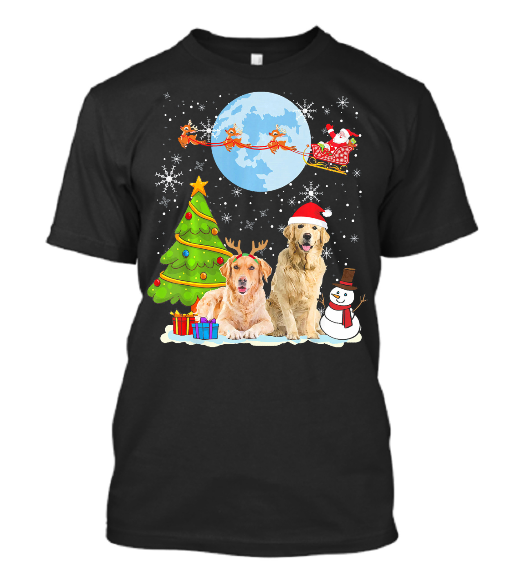 Golden Retriever Christmas Moon With Santa Sleigh And Snowman T-Shirt