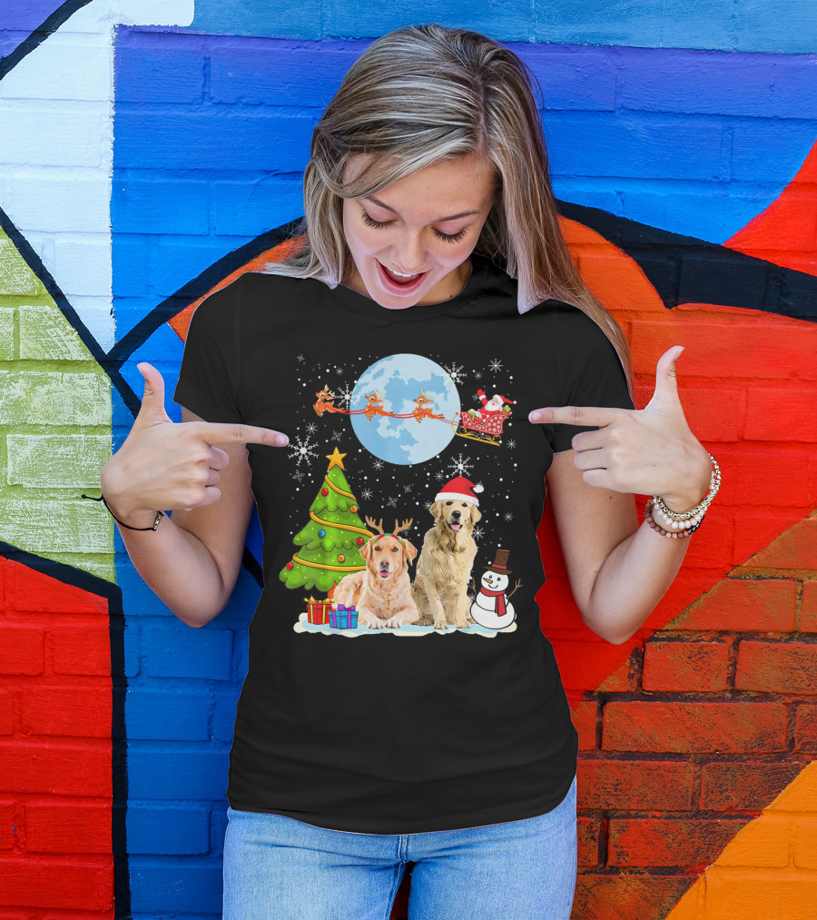 Golden Retriever Christmas Moon With Santa Sleigh And Snowman T-Shirt