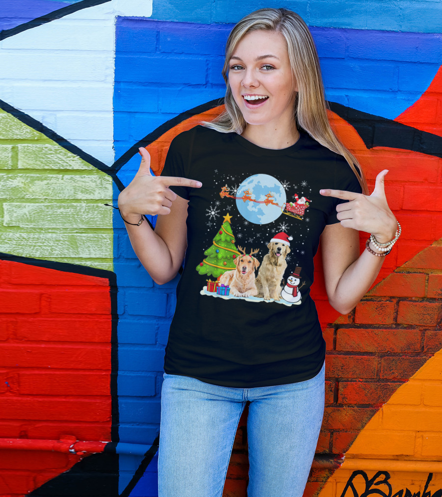 Golden Retriever Christmas Moon With Santa Sleigh And Snowman T-Shirt
