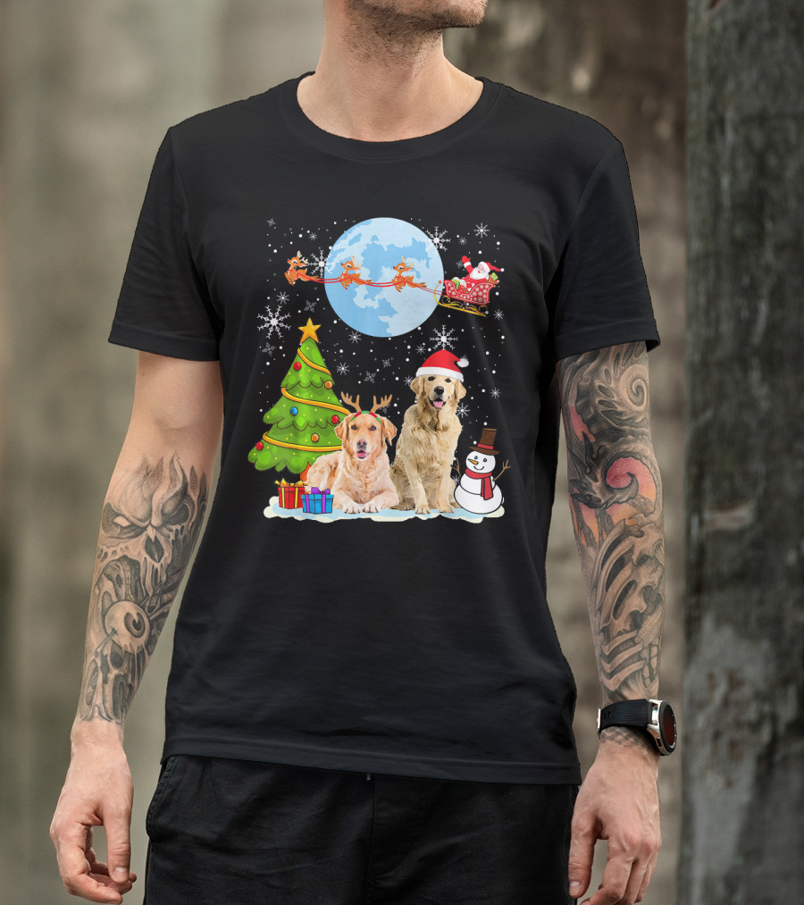 Golden Retriever Christmas Moon With Santa Sleigh And Snowman T-Shirt