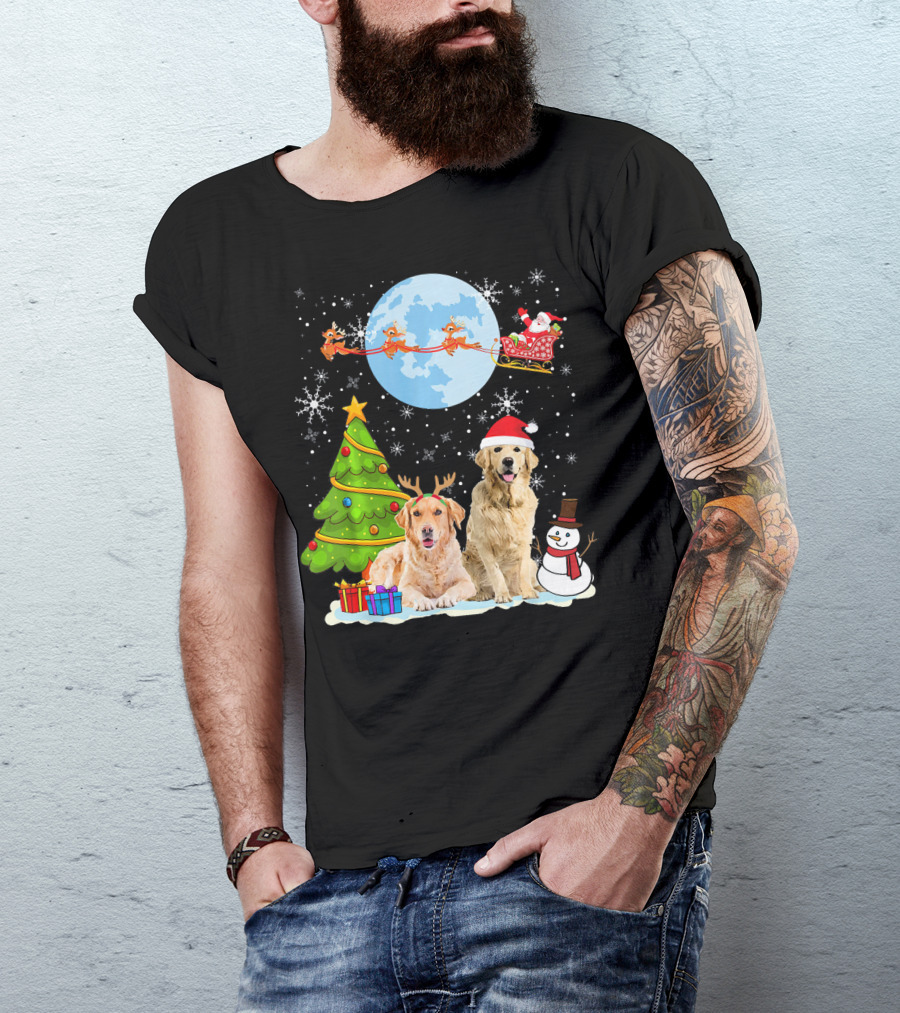 Golden Retriever Christmas Moon With Santa Sleigh And Snowman T-Shirt