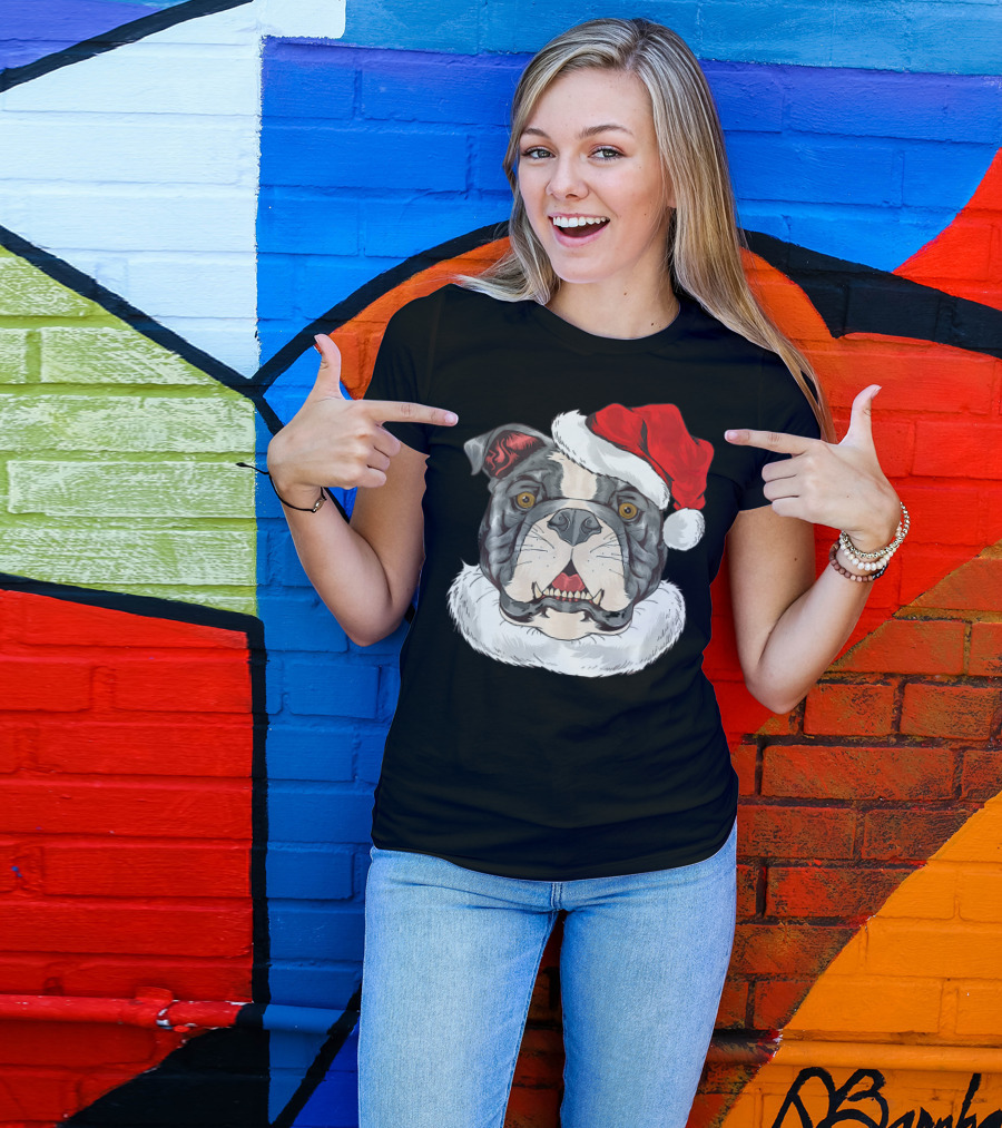 Bulldog Pit Bull With Santa Claus Hat T-Shirt