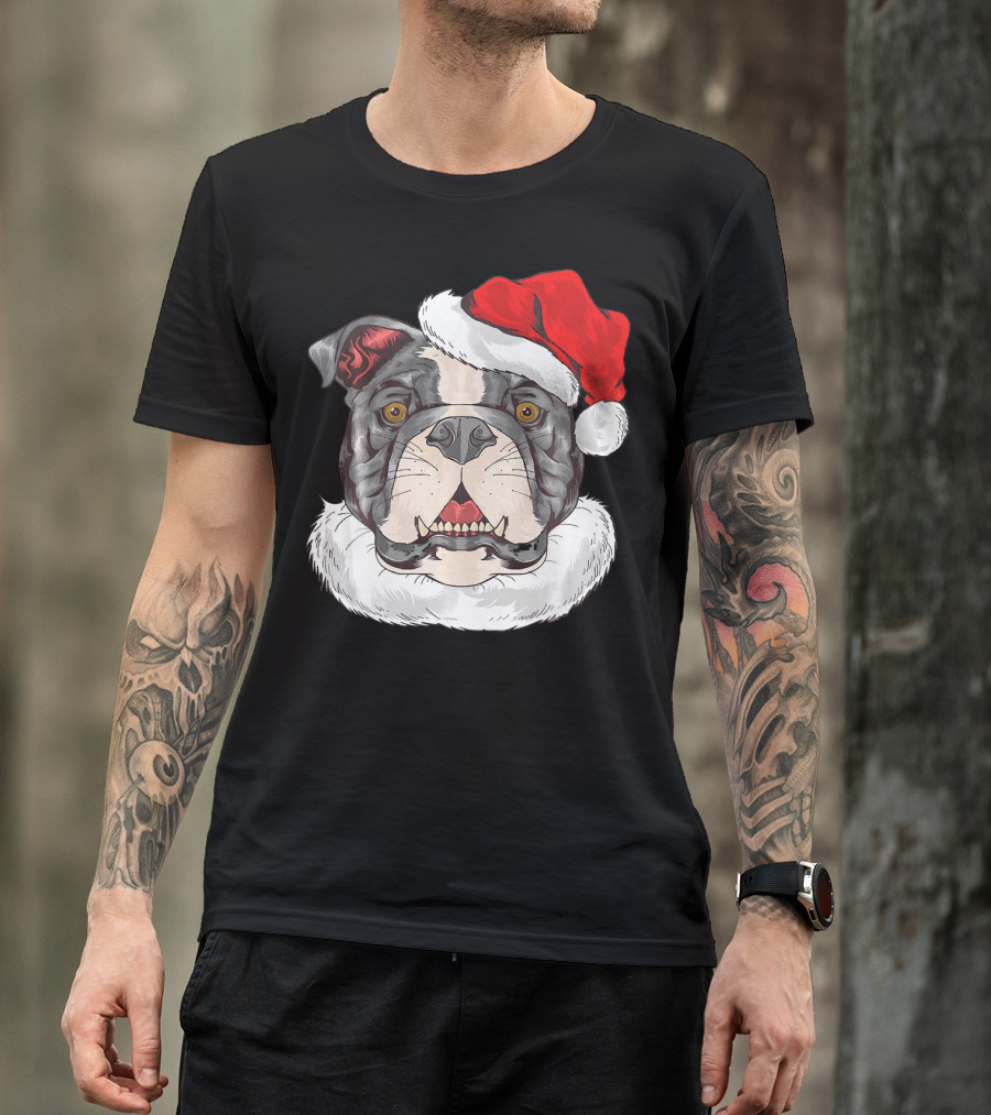 Bulldog Pit Bull With Santa Claus Hat T-Shirt