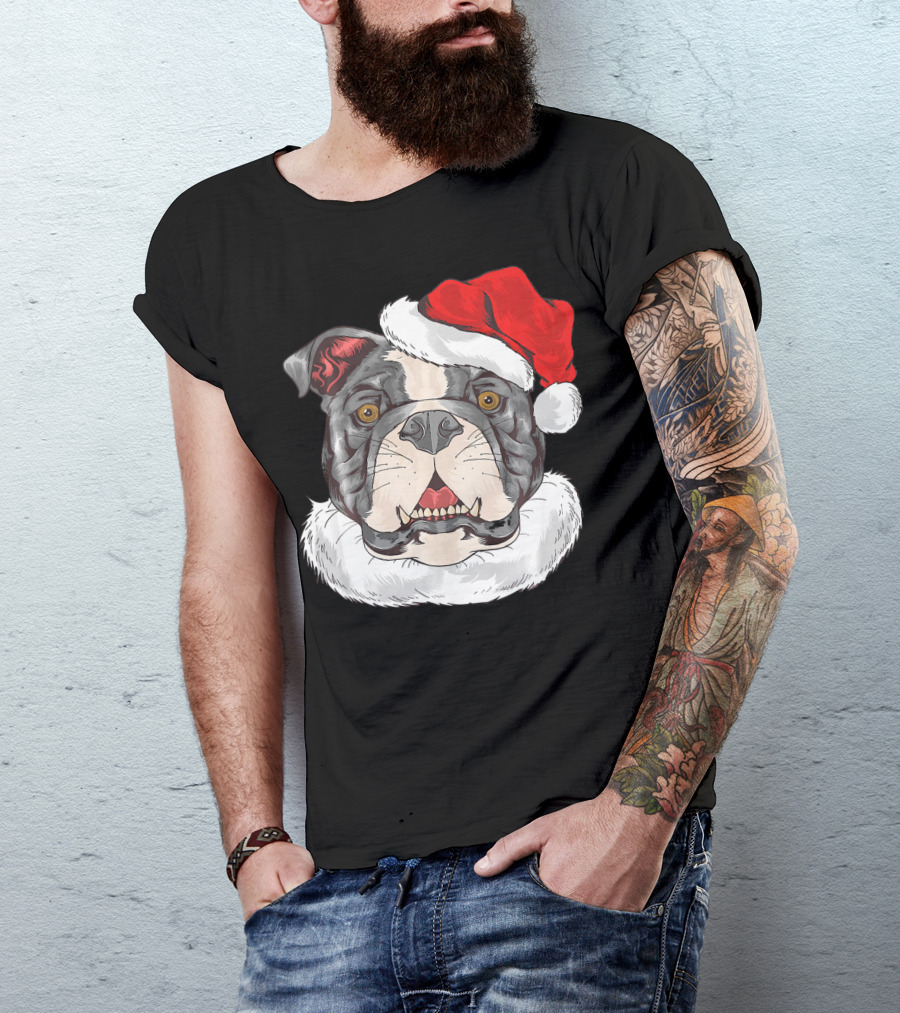 Bulldog Pit Bull With Santa Claus Hat T-Shirt