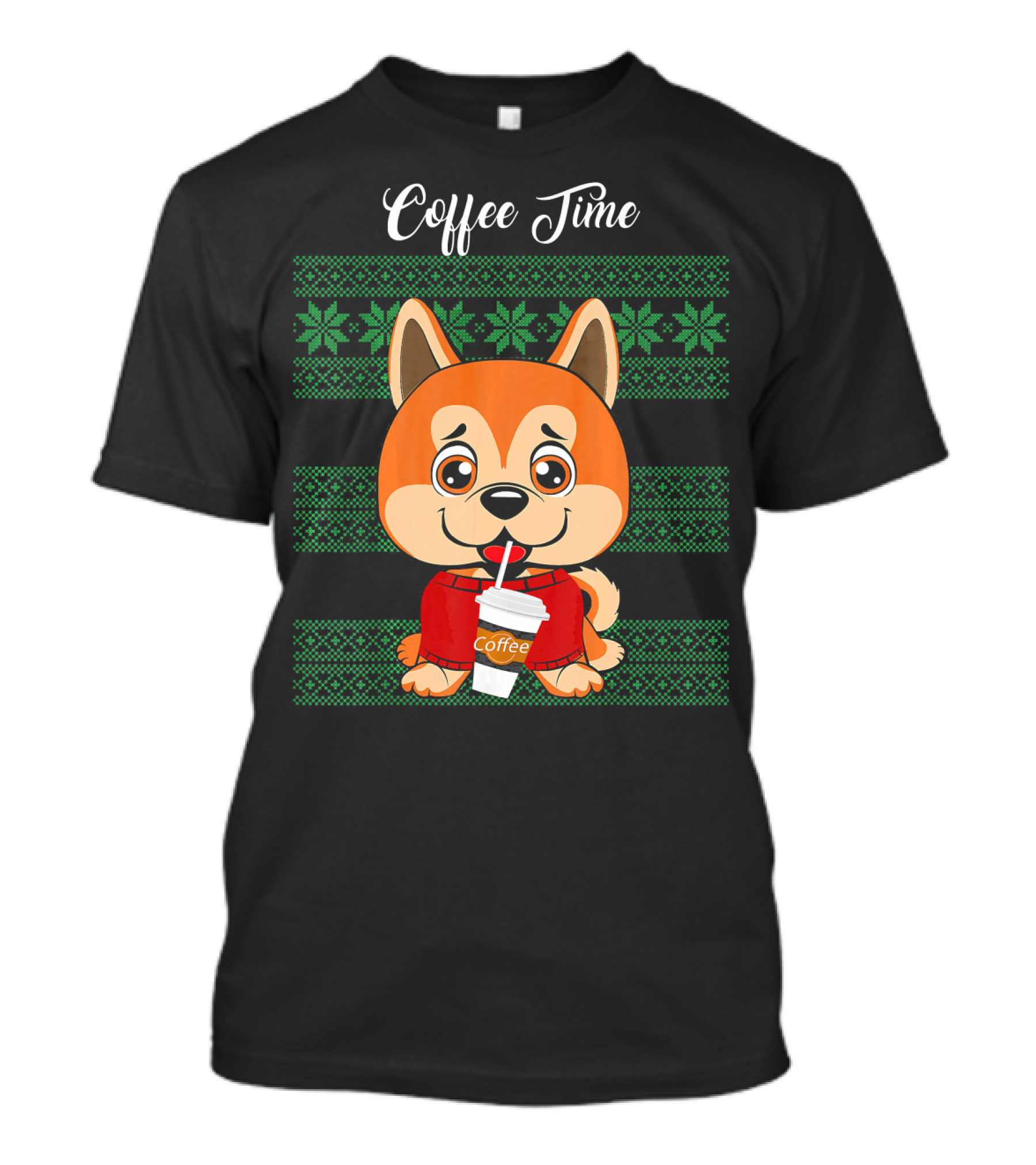 Coffee Time Akita Christmas Dog With Festive Sweater And Coffee Cup T-Shirt