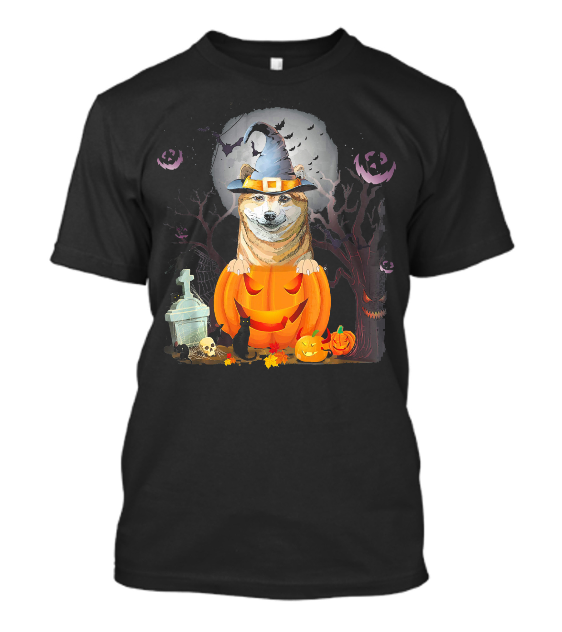 Akita Inu Dog In Pumpkin With Witch Hat And Halloween Scene T-Shirt