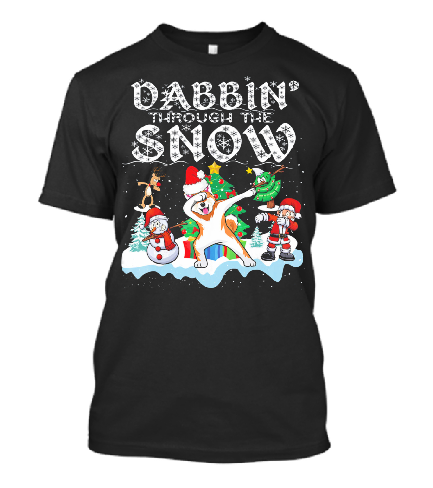 Dabbin' Through The Snow With Akita Dog Santa Snowman Reindeer And Tree T-Shirt