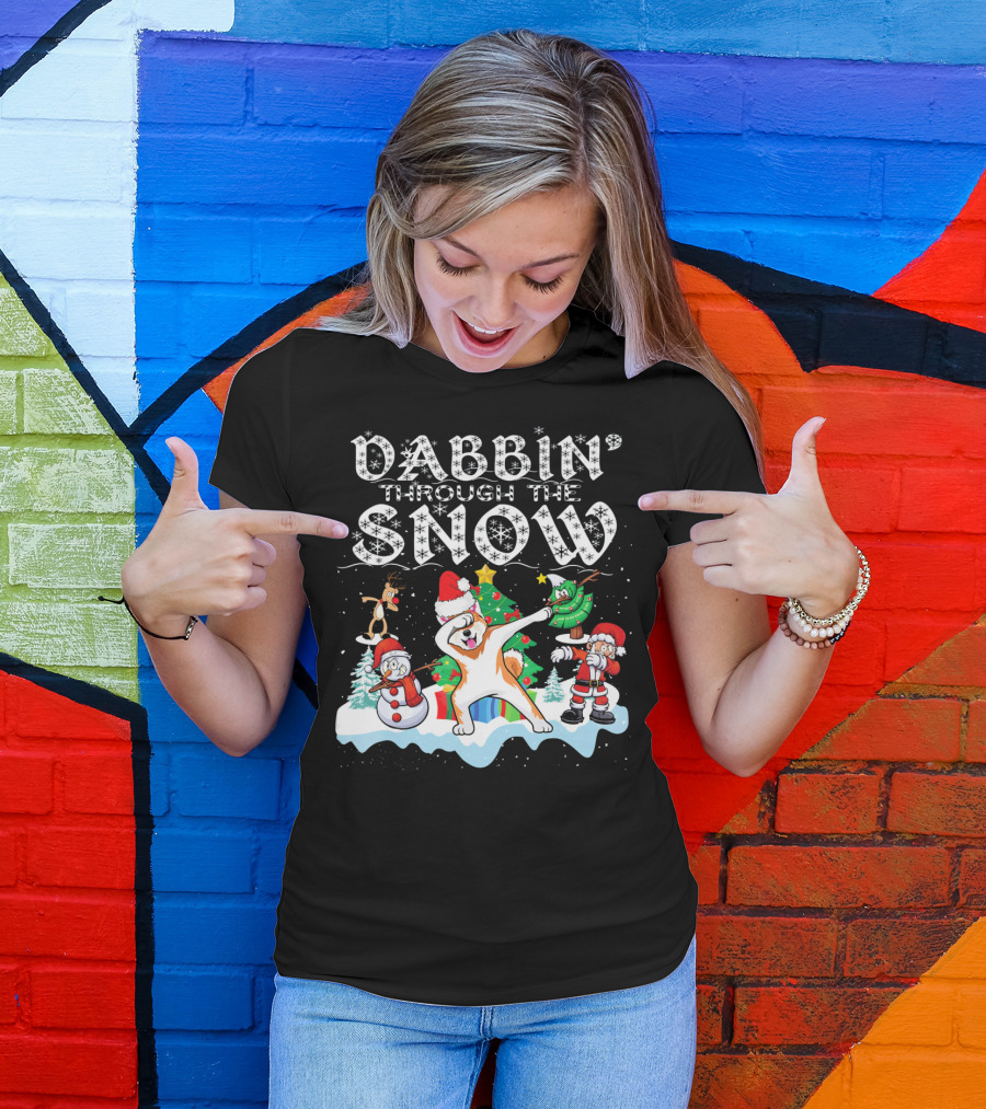 Dabbin' Through The Snow With Akita Dog Santa Snowman Reindeer And Tree T-Shirt