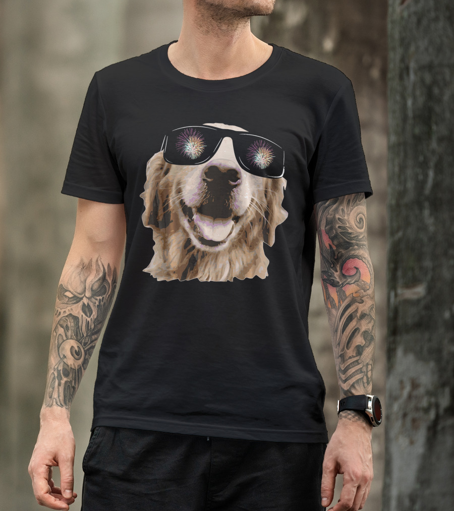 Golden Retriever With Fireworks Glasses 4th Of July T-Shirt