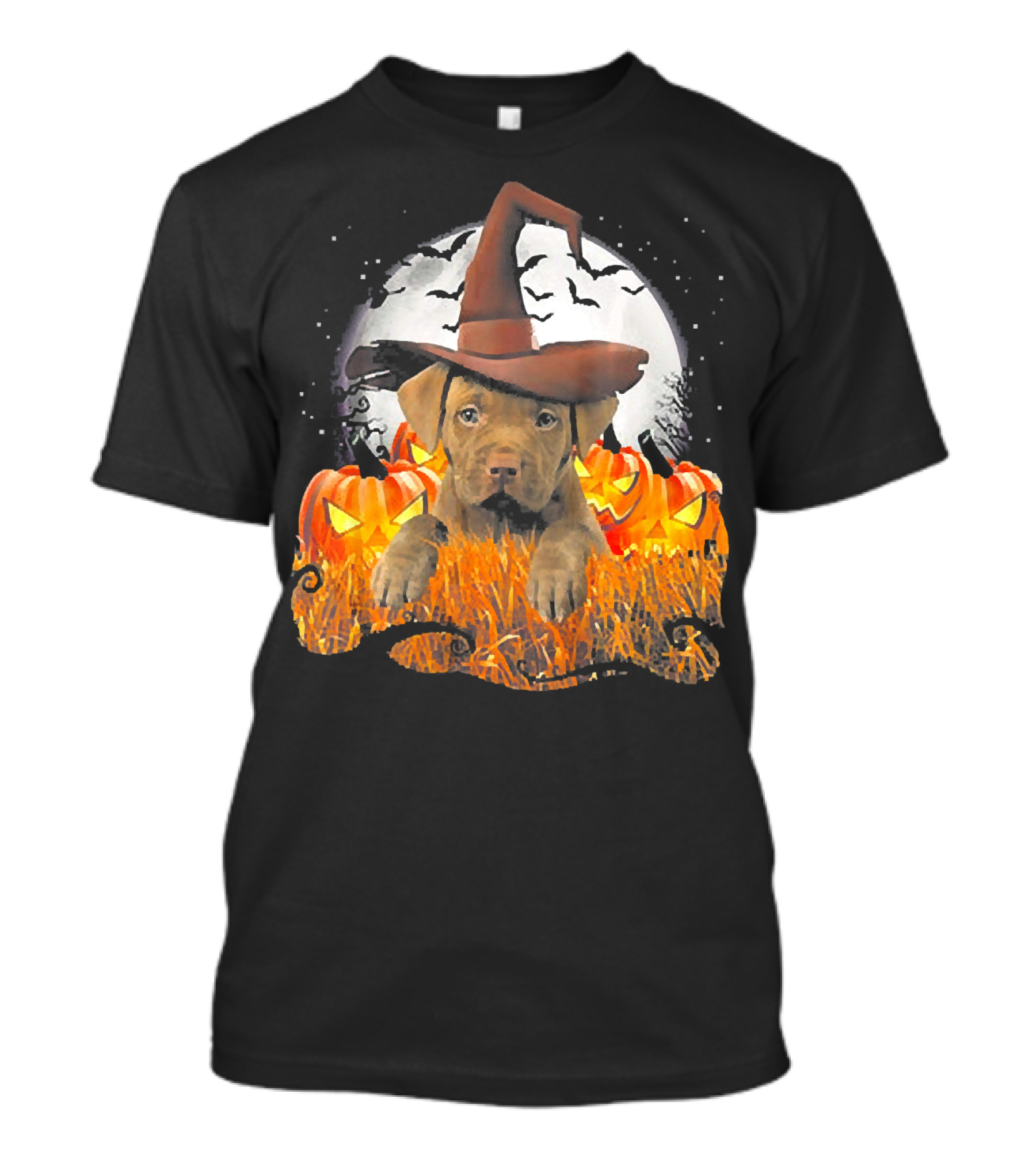 Cute Gold Pit Bull Witch With Pumpkins And Bats On Halloween Night T-Shirt