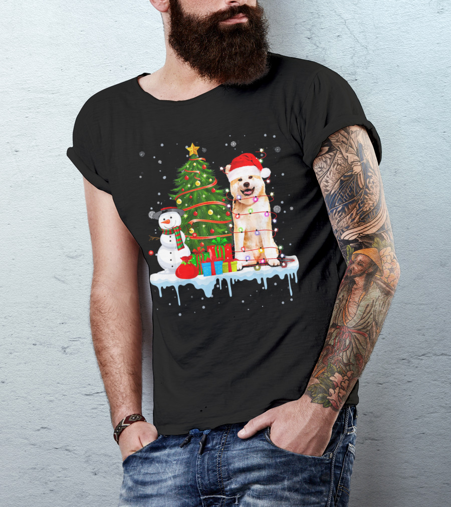 Akita Inu Santa Hat Wrapped In Christmas Lights With Tree Snowman And Gifts T-Shirt