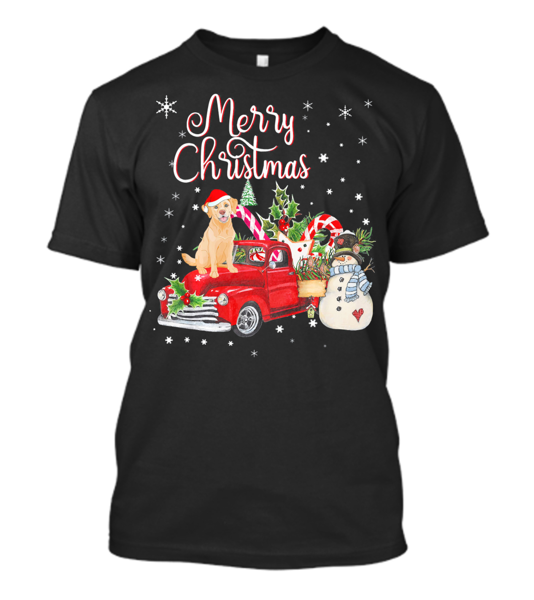 Merry Christmas Golden Retriever On Red Truck With Snowman And Candy Cane T-Shirt