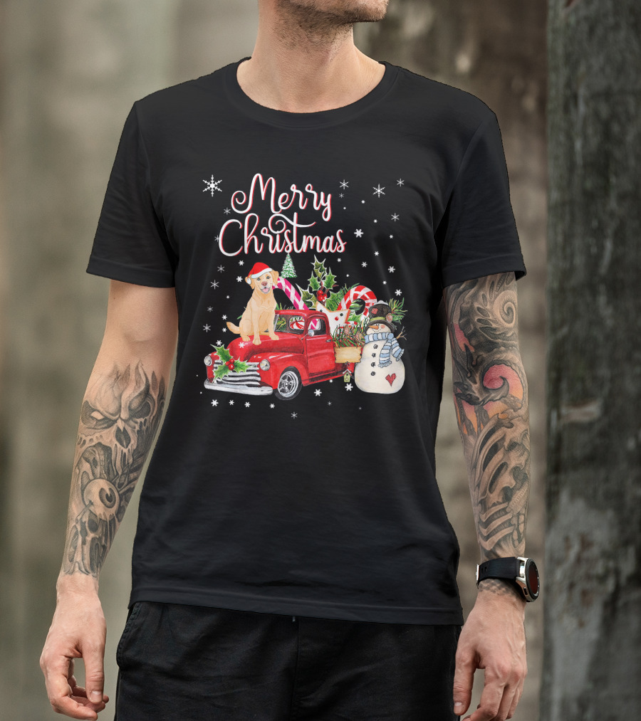 Merry Christmas Golden Retriever On Red Truck With Snowman And Candy Cane T-Shirt