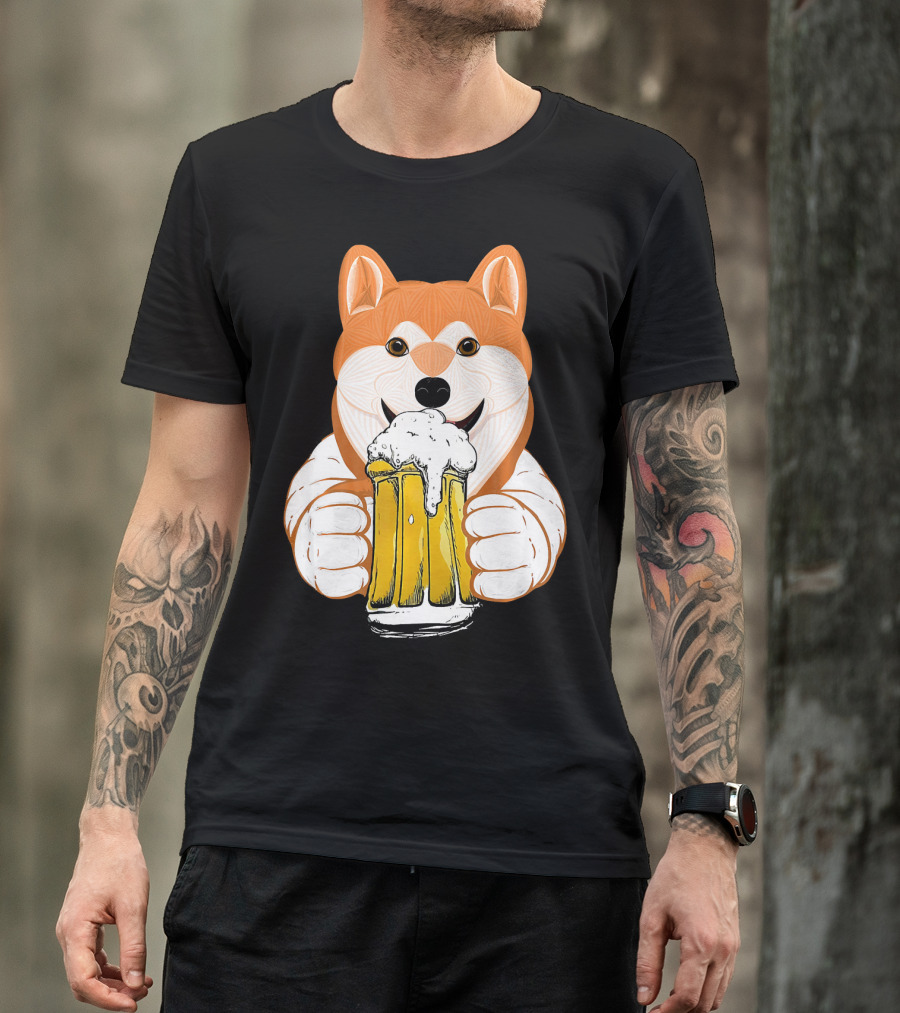 Funny Beer Drink Beer Pet My Aki Dog Holding Beer Mug T-Shirt