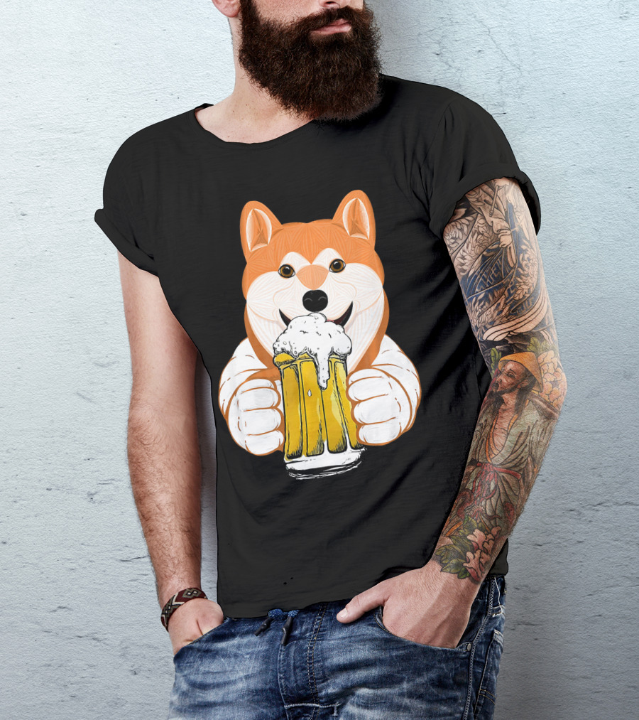 Funny Beer Drink Beer Pet My Aki Dog Holding Beer Mug T-Shirt