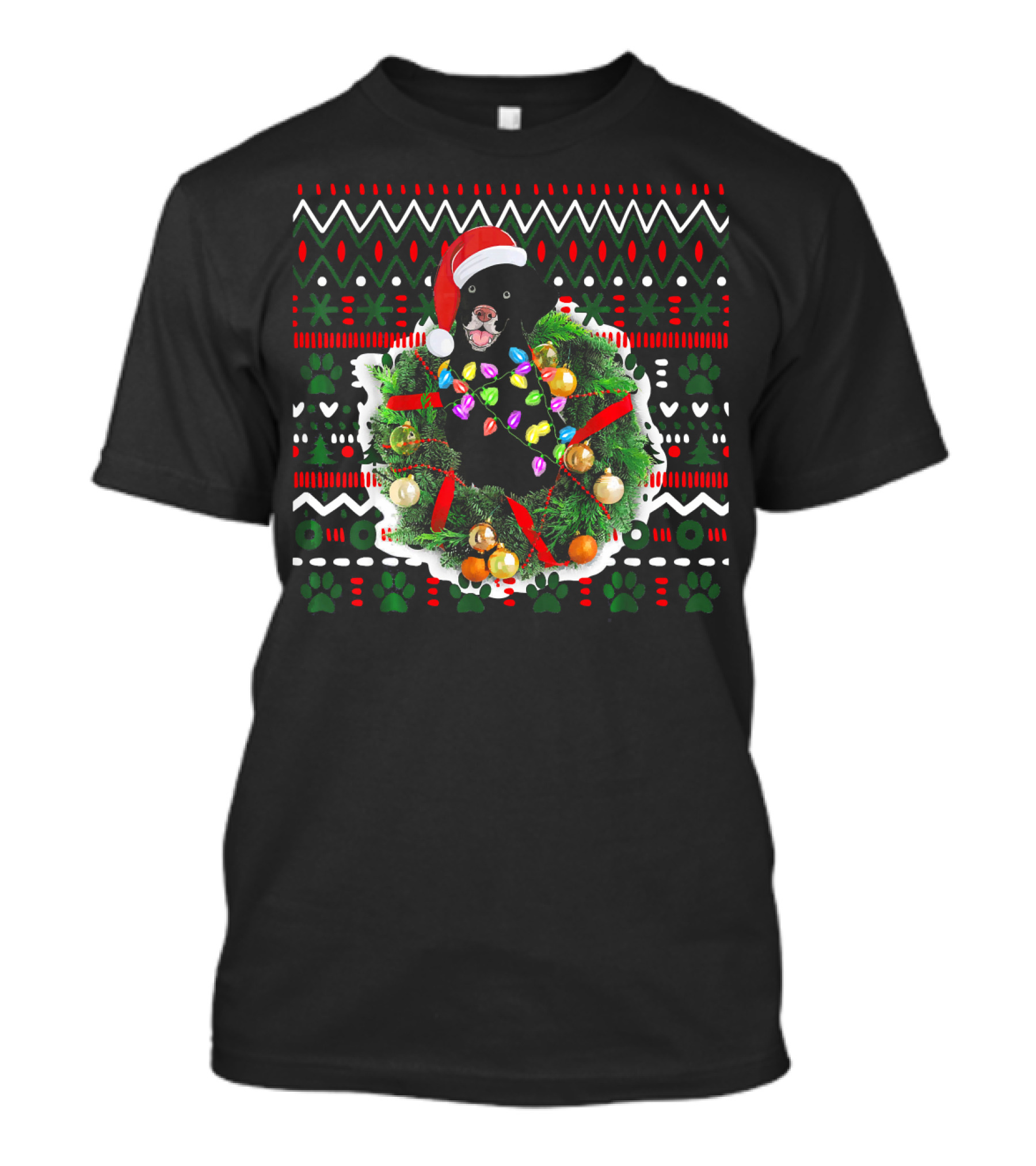 Black Labrador Retriever Santa Hat Christmas Wreath T-Shirt
