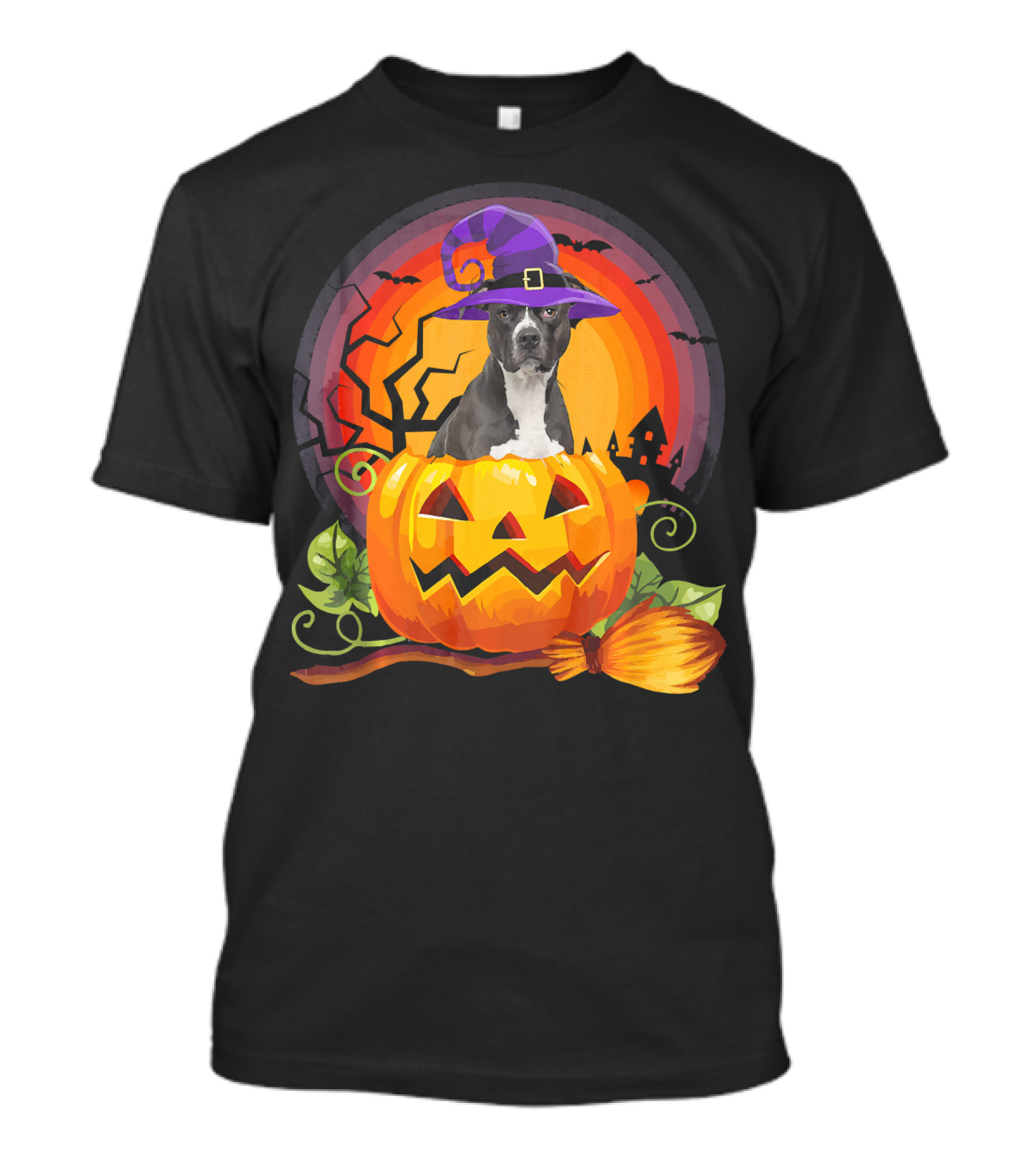 American Pit Bull Halloween Witch Hat Pumpkin Broomstick T-Shirt