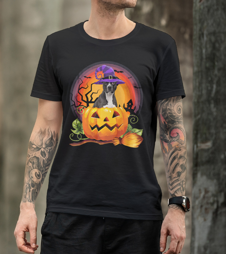 American Pit Bull Halloween Witch Hat Pumpkin Broomstick T-Shirt