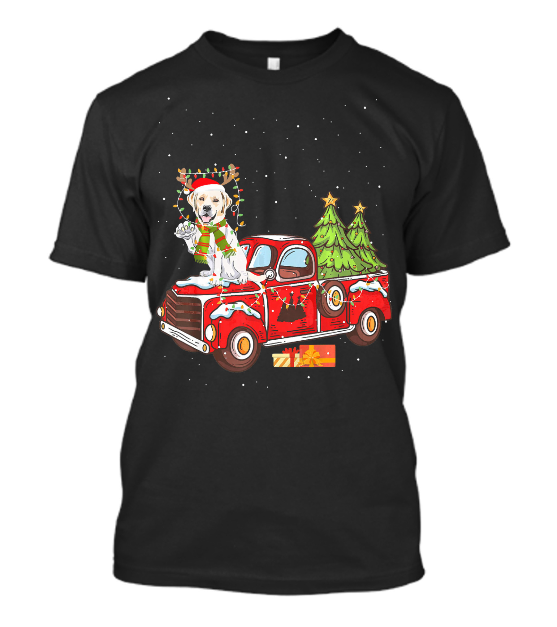 Labrador Retriever With Reindeer Antlers On Festive Christmas Truck With Trees And Gifts T-Shirt