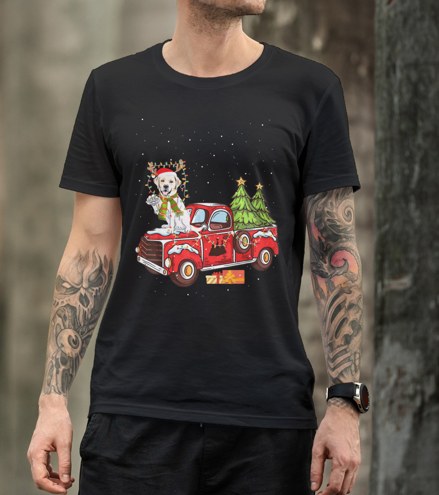 Labrador Retriever With Reindeer Antlers On Festive Christmas Truck With Trees And Gifts T-Shirt