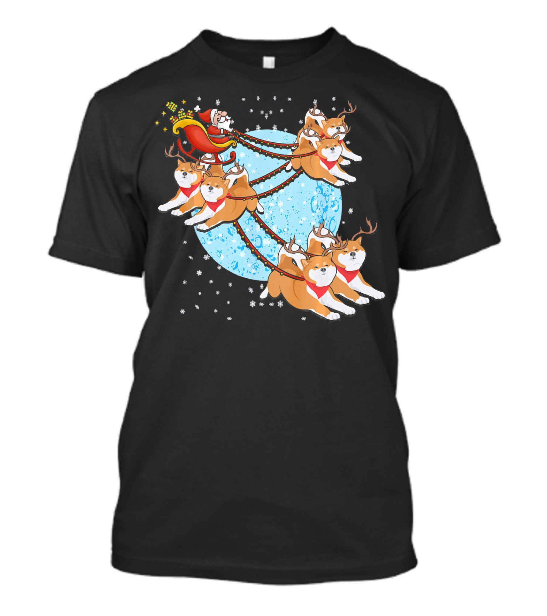 Akita Inu Reindeer Team Pulling Santa's Sleigh Christmas Moon Journey T-Shirt