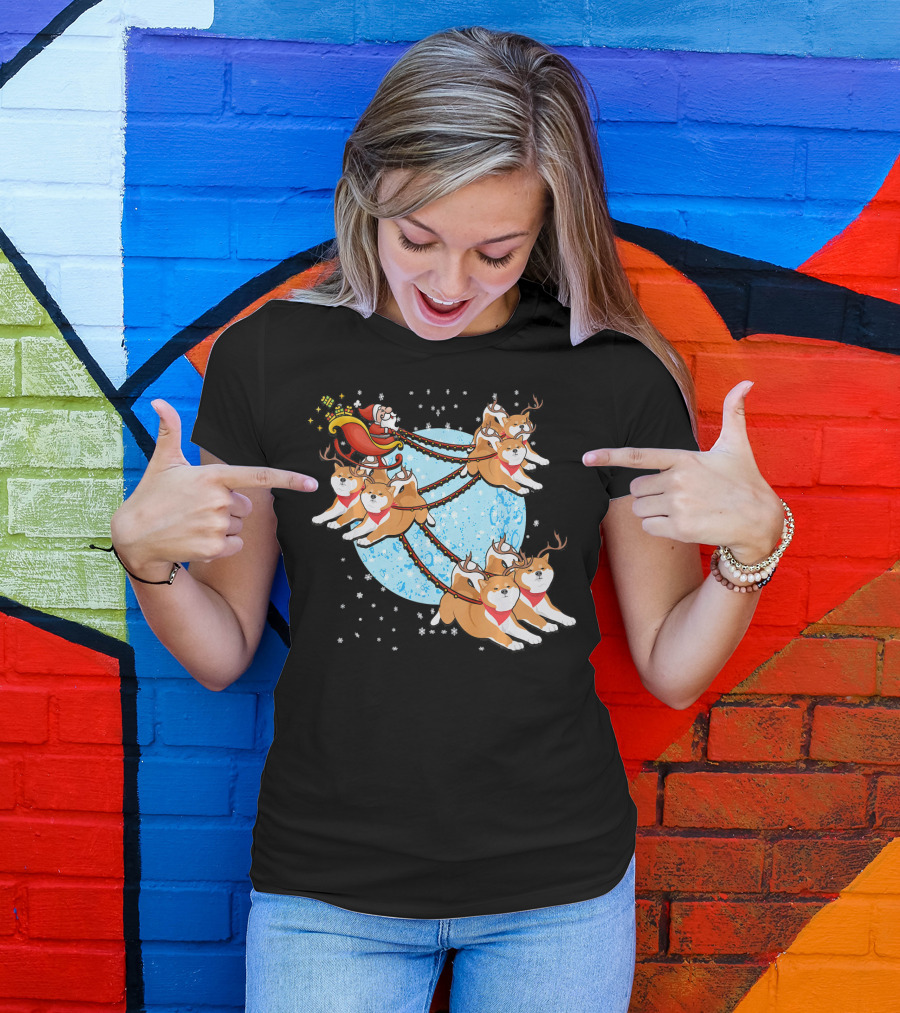Akita Inu Reindeer Team Pulling Santa's Sleigh Christmas Moon Journey T-Shirt