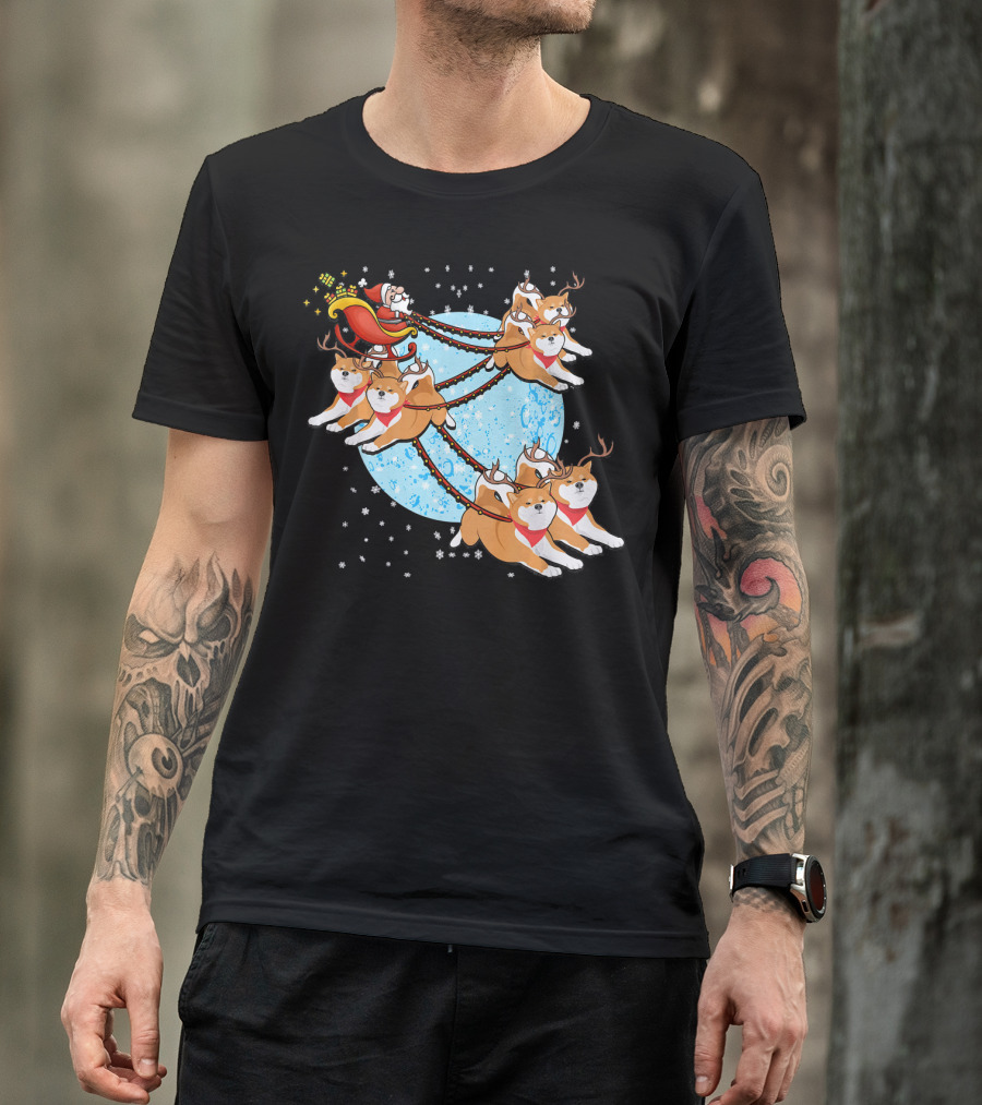 Akita Inu Reindeer Team Pulling Santa's Sleigh Christmas Moon Journey T-Shirt
