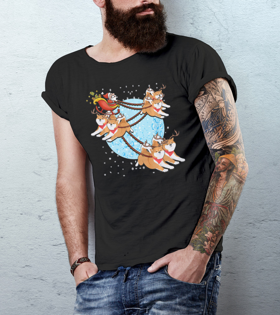Akita Inu Reindeer Team Pulling Santa's Sleigh Christmas Moon Journey T-Shirt