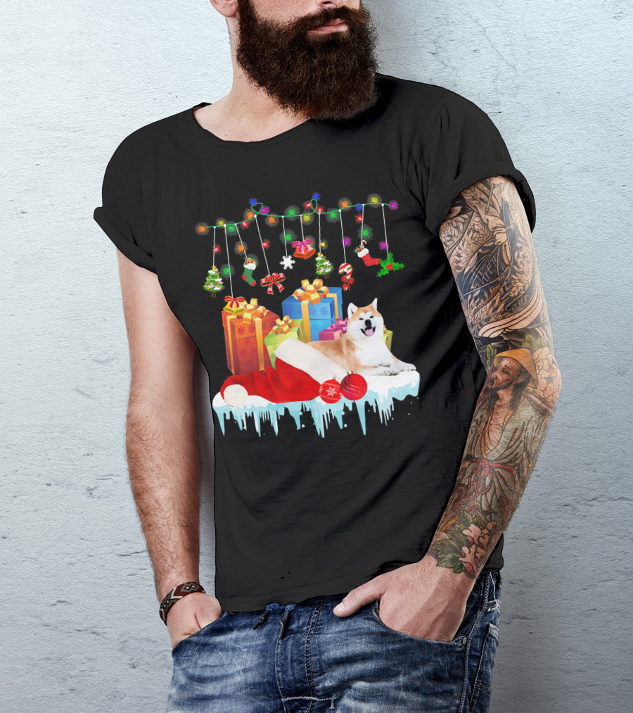 Funny Akita Dog In Santa Hat With Christmas Gifts And Ornaments T-Shirt