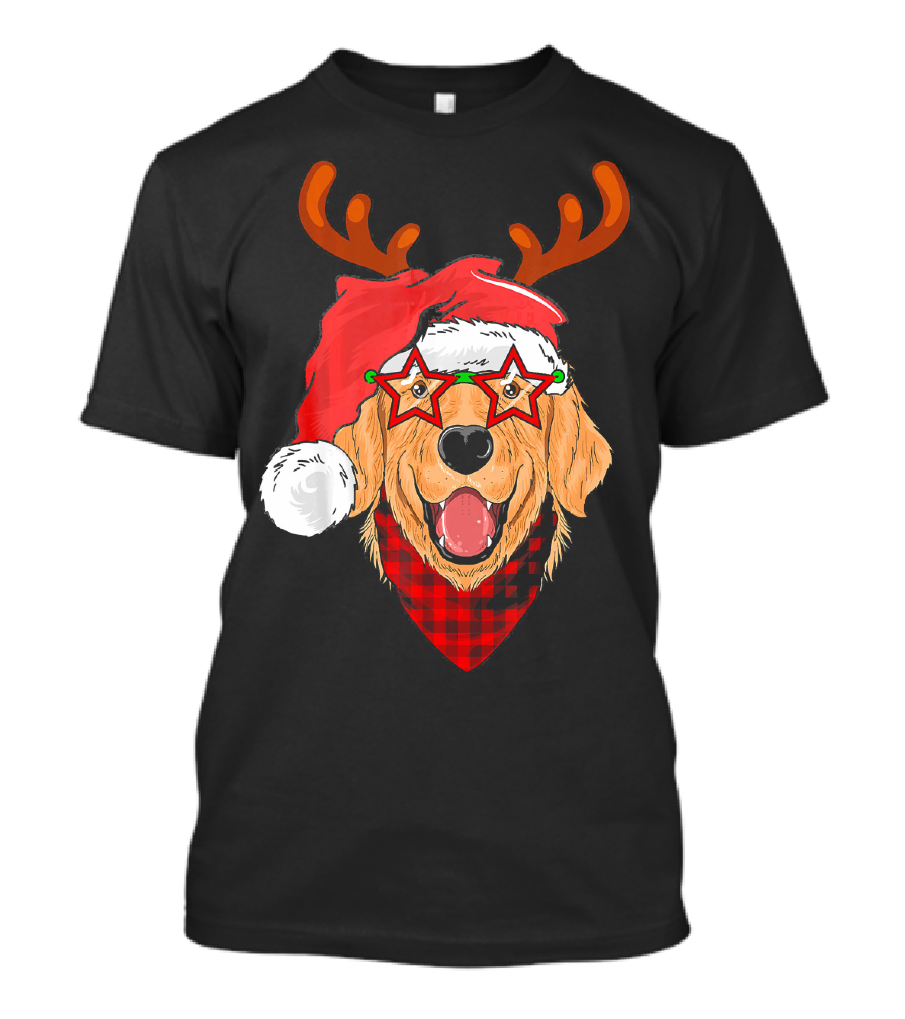 Golden Retriever Santa Hat Buffalo Plaid Reindeer Antlers Star Glasses T-Shirt