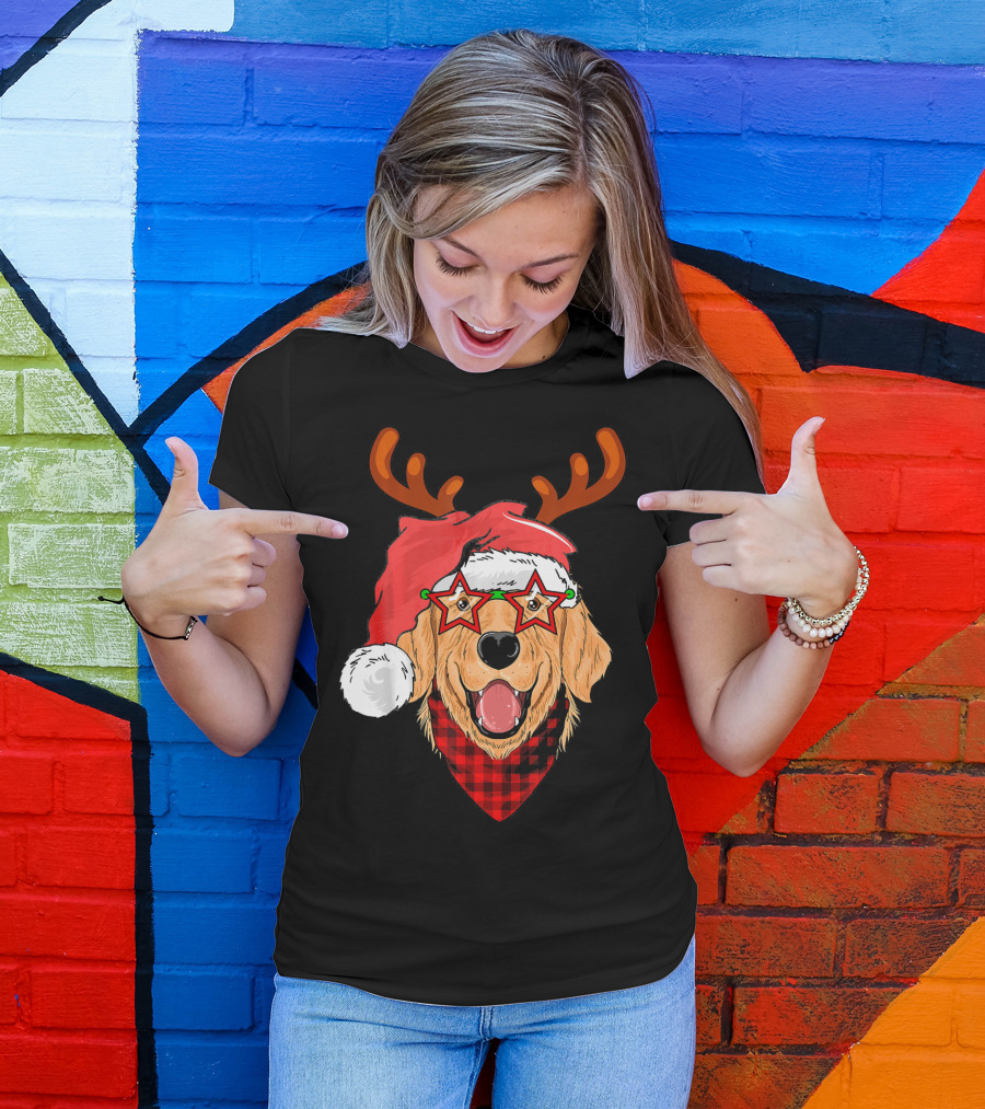 Golden Retriever Santa Hat Buffalo Plaid Reindeer Antlers Star Glasses T-Shirt