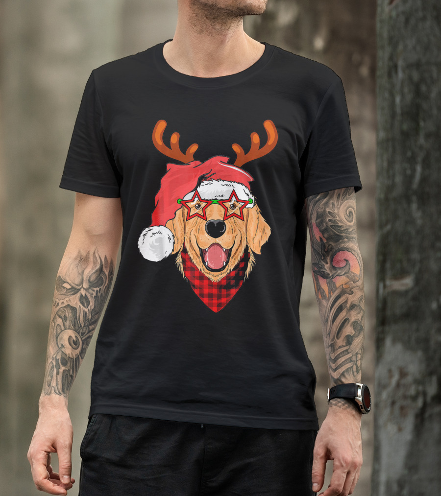 Golden Retriever Santa Hat Buffalo Plaid Reindeer Antlers Star Glasses T-Shirt