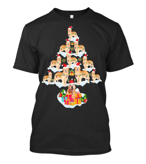 Golden Retriever Dog Christmas Tree Santa Hats And Gifts T-Shirt