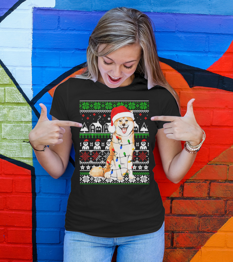 Akita Inu Wrapped In Christmas Lights With Santa Hat And Festive T-Shirt