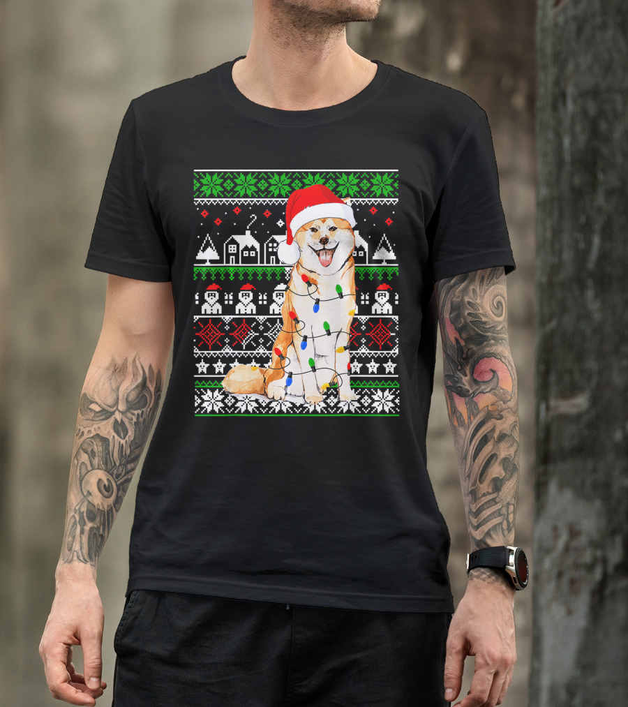 Akita Inu Wrapped In Christmas Lights With Santa Hat And Festive T-Shirt