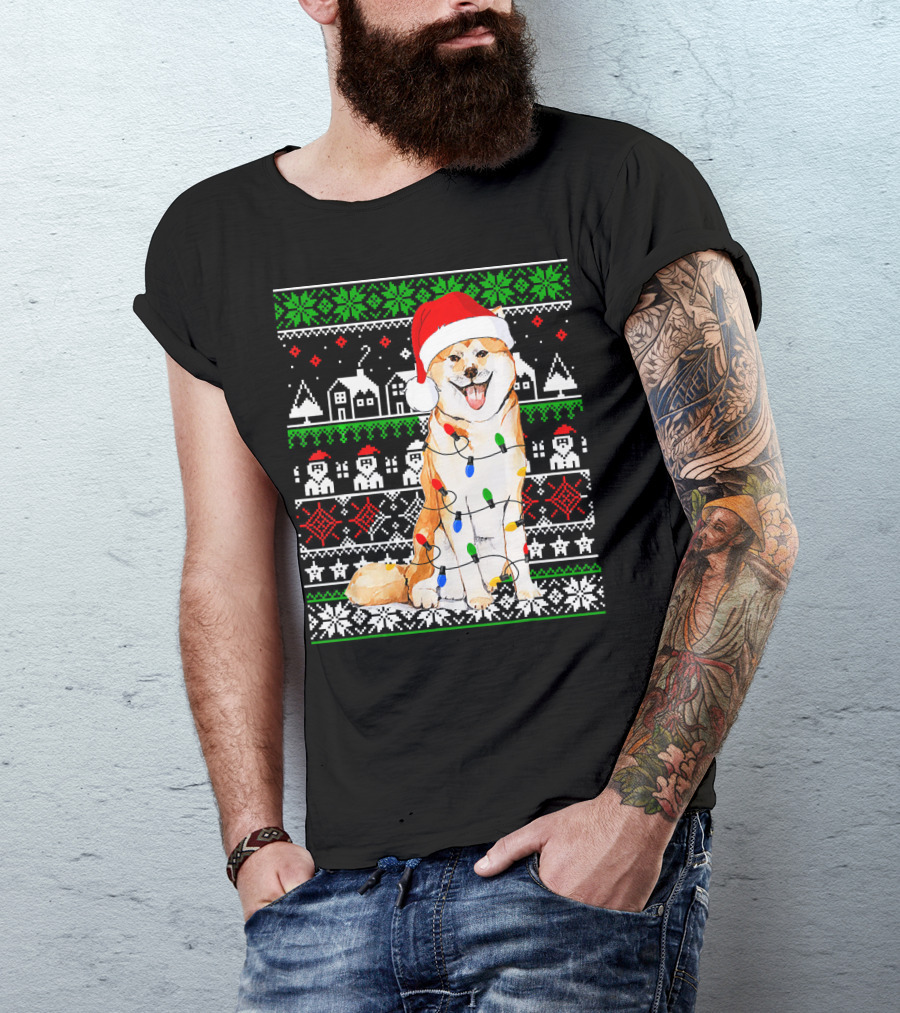 Akita Inu Wrapped In Christmas Lights With Santa Hat And Festive T-Shirt