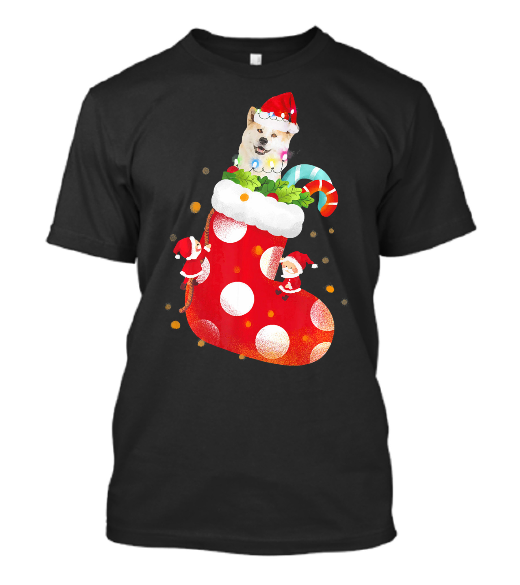 Christmas Socks Festive Akita Santa Hat Candy Cane T-Shirt