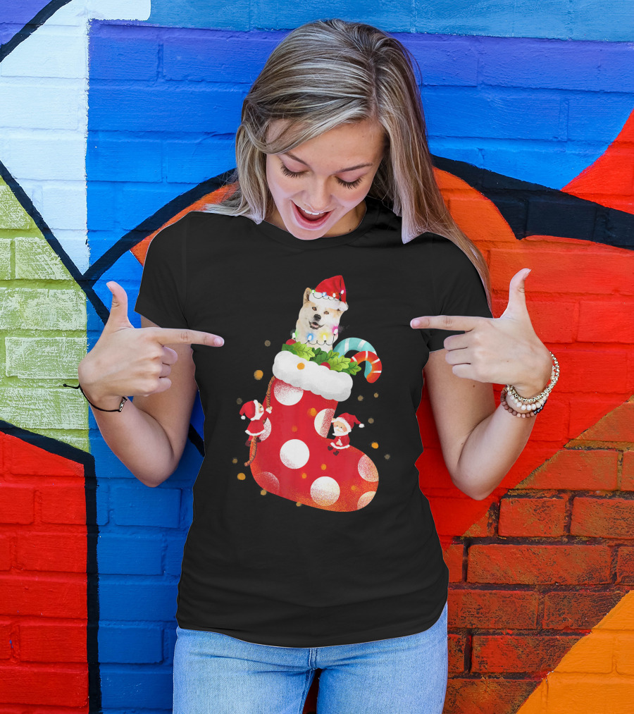 Christmas Socks Festive Akita Santa Hat Candy Cane T-Shirt