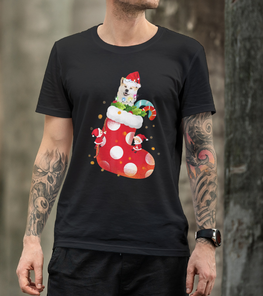 Christmas Socks Festive Akita Santa Hat Candy Cane T-Shirt