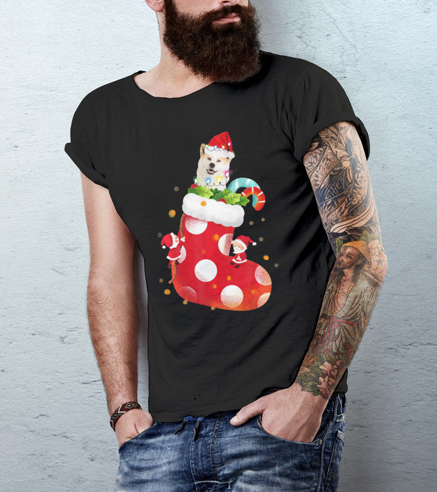Christmas Socks Festive Akita Santa Hat Candy Cane T-Shirt