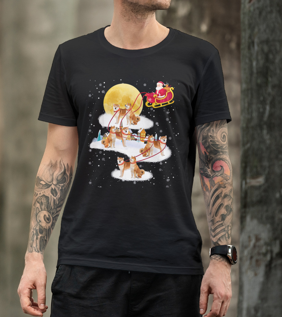 Akita Reindeer Christmas Dog Santa Sleigh Snow Village Moon T-Shirt
