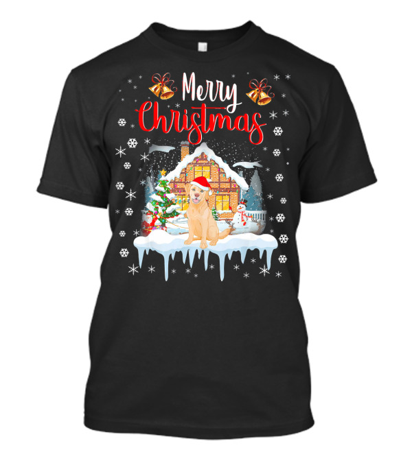 Merry Christmas Golden Retriever Santa Hat Snowy Scene T-Shirt